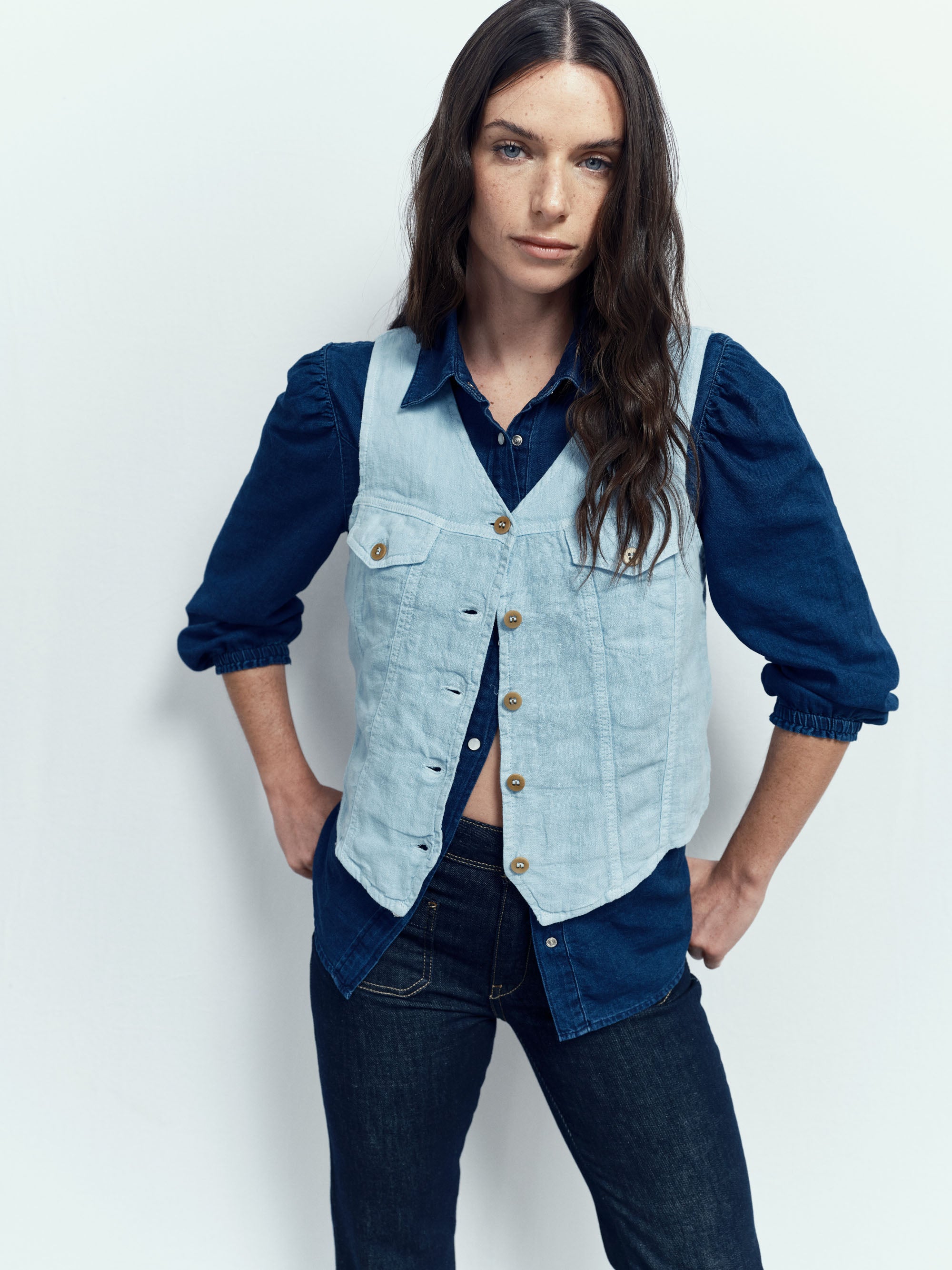 Gilet Trucker en Lin - Sky Blue