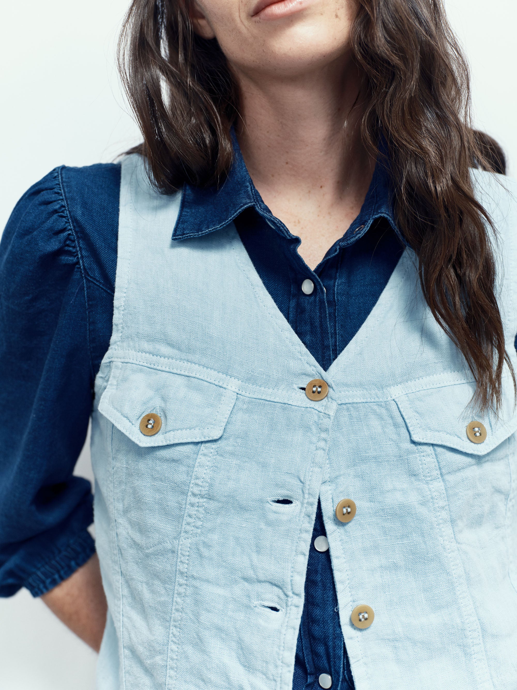 Gilet Trucker en Lin - Sky Blue