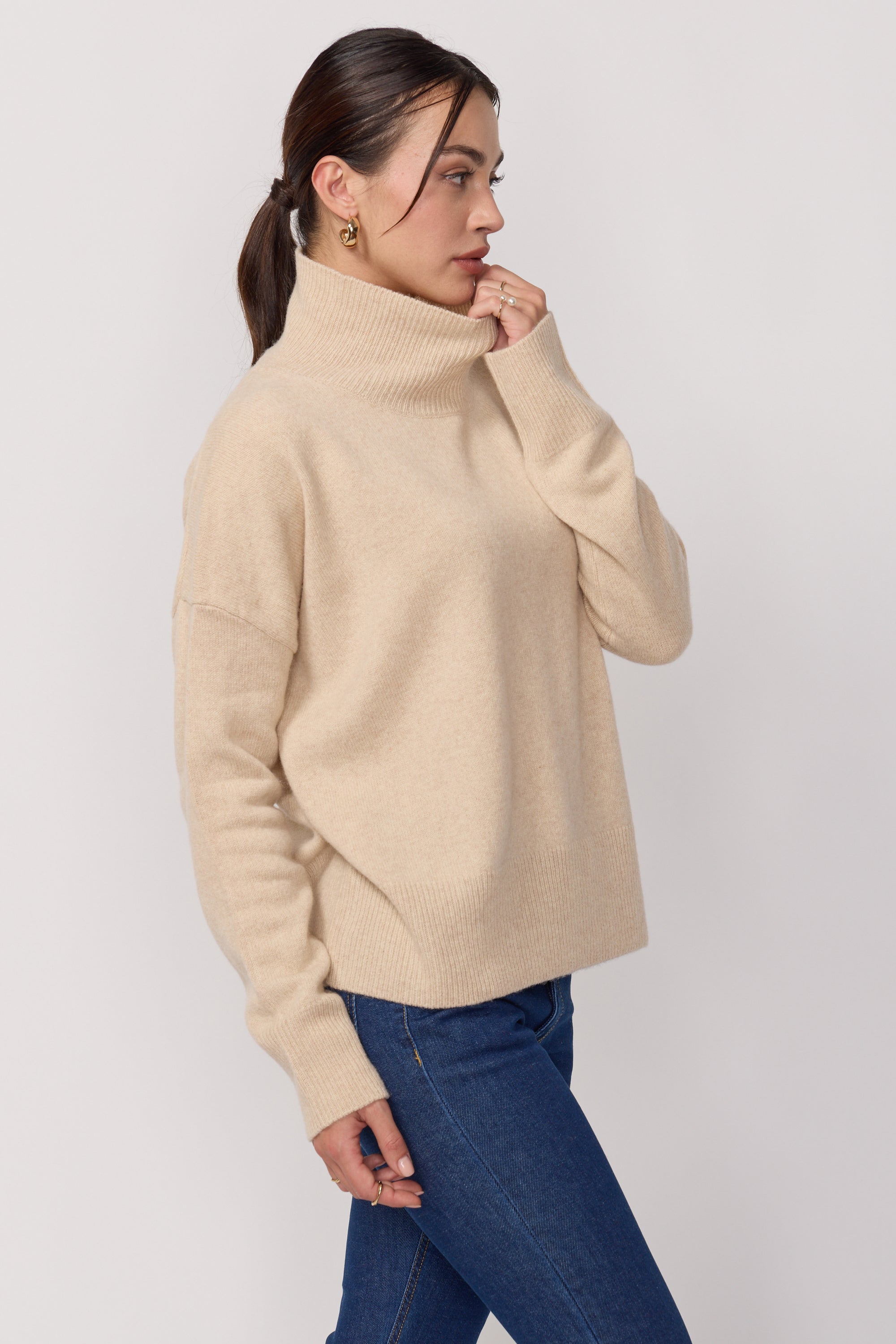 Pull Col Roulé Coupe Droite - Beige