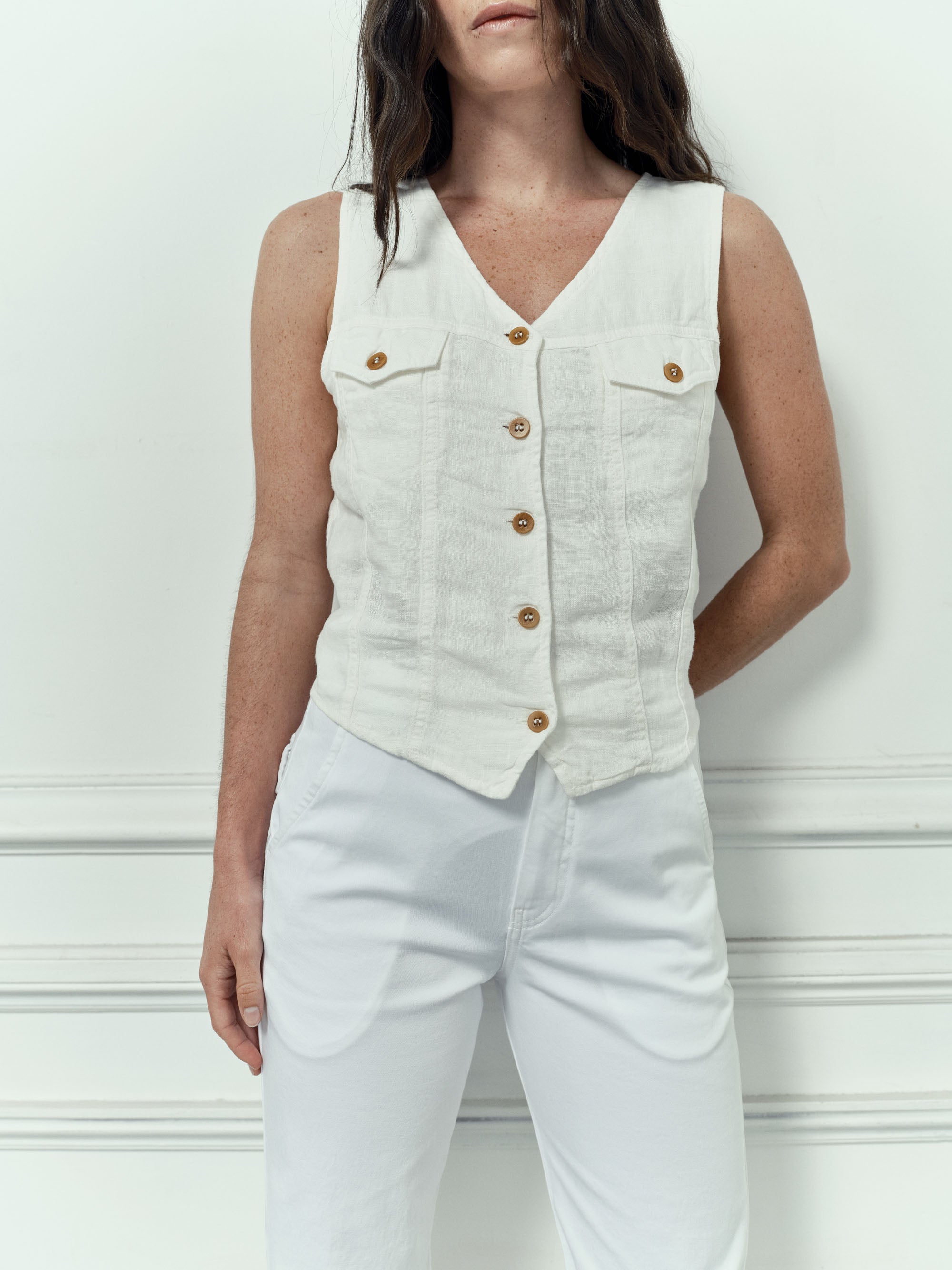 Gilet Trucker en Lin - White