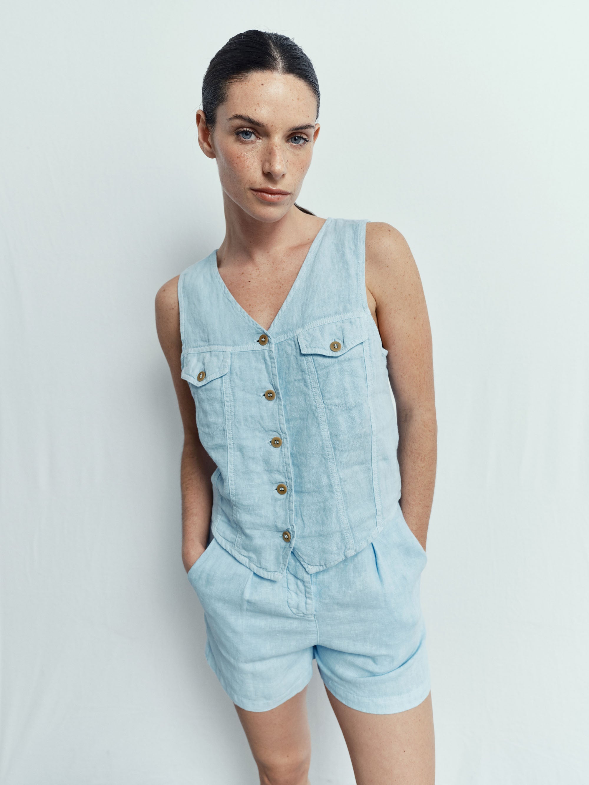 Gilet Trucker en Lin - Sky Blue