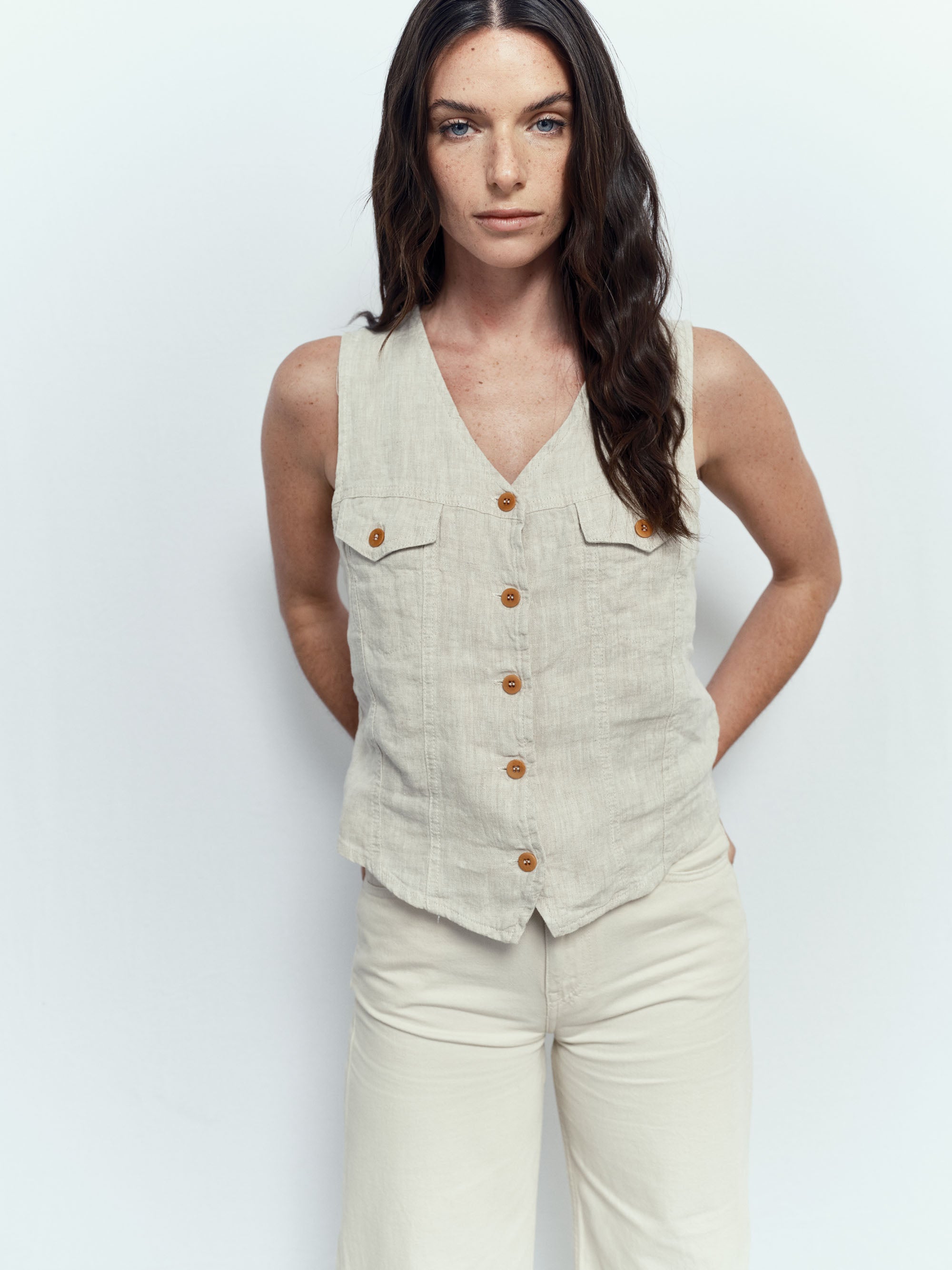 Gilet Trucker en Lin - Natural