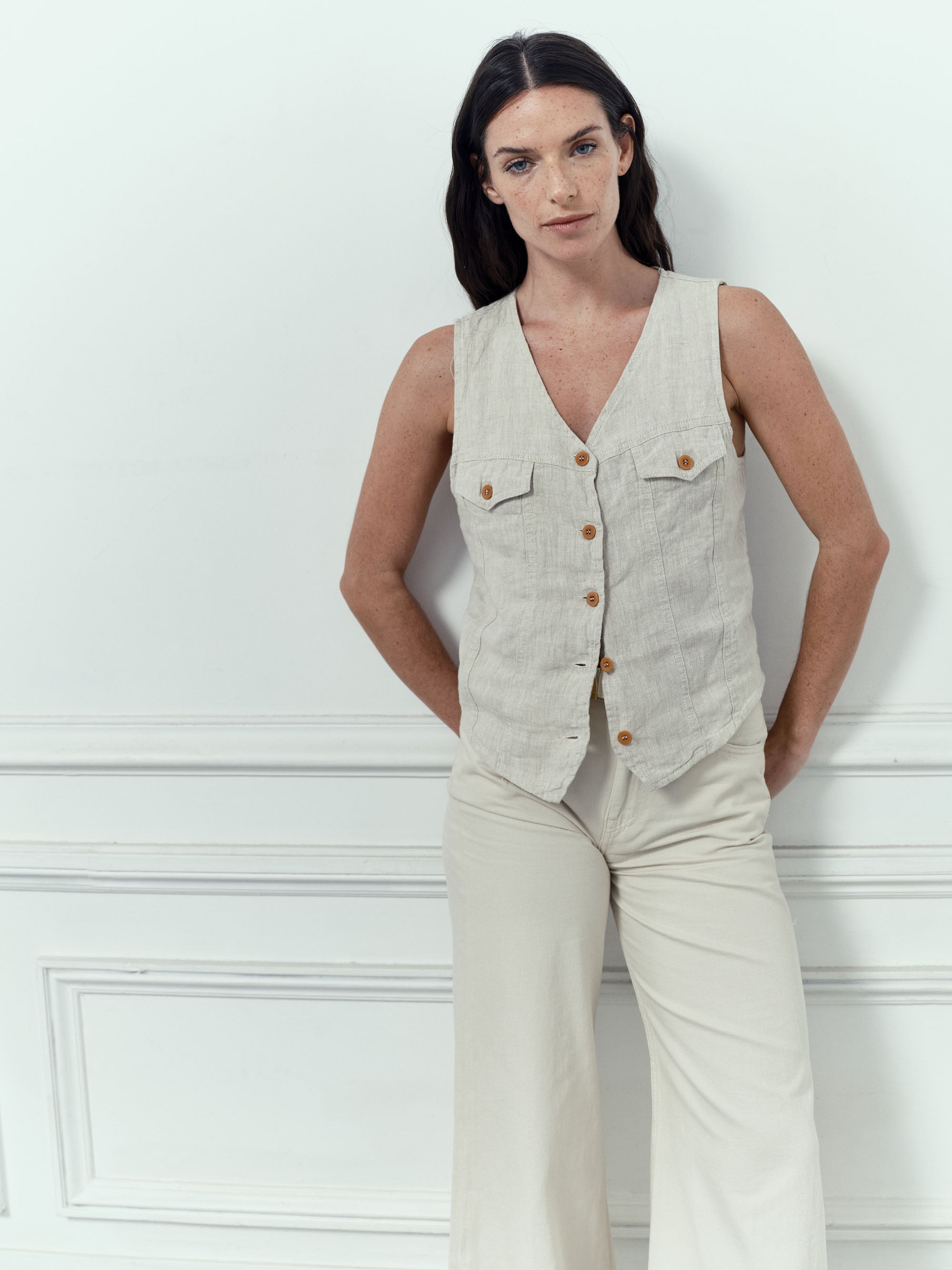 Gilet Trucker en Lin - Natural